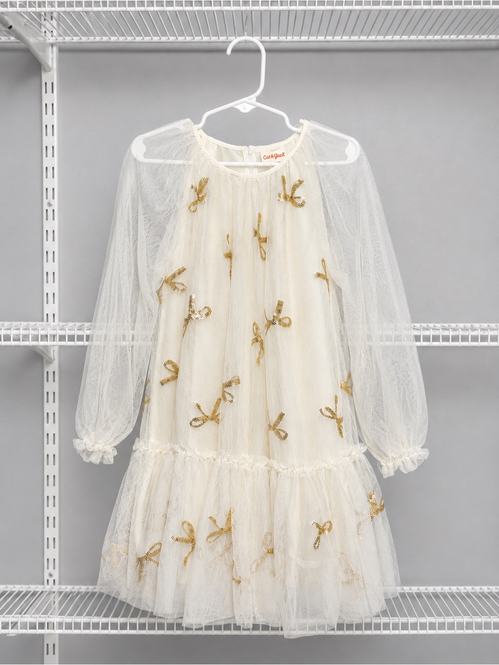 Cat & Jack Ivory Tulle Dress with Gold Bow Accents